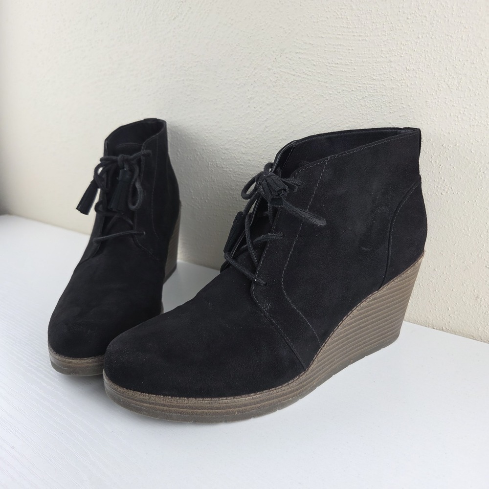 DR SCHOLLS Womens Black One Love Almond Toe Wedge Lace-Up Booties 9.5 M